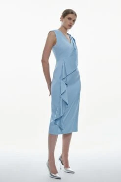 Karen Millen Tall Italian Wool Satin Drape Midi Dress -Karen Millen Shop pale blue tall italian wool satin drape midi dress 1 2