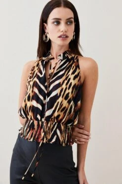 Karen Millen Petite Animal Shirred Halter Woven Blouse