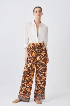 Karen Millen Petite Mixed Animal Woven Wide Leg Trouser