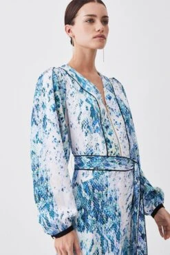 Karen Millen Petite Soft Snake Print Satin Piped Zip Front Midi Dress