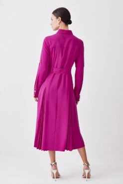 Karen Millen Petite Soft Tailored Pleat Panel Sleeved Belted Midi Dress -Karen Millen Shop purple petite soft tailored pleat panel sleeved belted midi dress 3