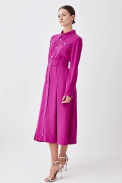 Karen Millen Petite Soft Tailored Pleat Panel Sleeved Belted Midi Dress -Karen Millen Shop purple petite soft tailored pleat panel sleeved belted midi dress 4