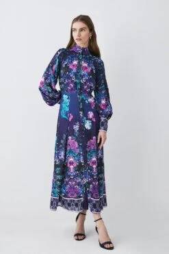 Karen Millen Tall Boarder Floral Print Satin Woven Midi Dress -Karen Millen Shop purple tall boarder floral print satin woven midi dress 1