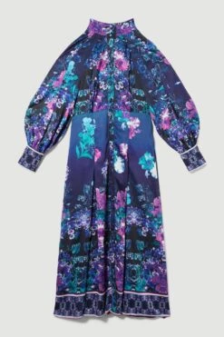 Karen Millen Tall Boarder Floral Print Satin Woven Midi Dress -Karen Millen Shop purple tall boarder floral print satin woven midi dress 4