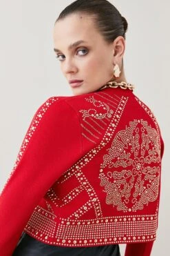 Karen Millen Baroque Hotfix Cropped Knit Jacket -Karen Millen Shop red baroque hotfix cropped knit jacket 2