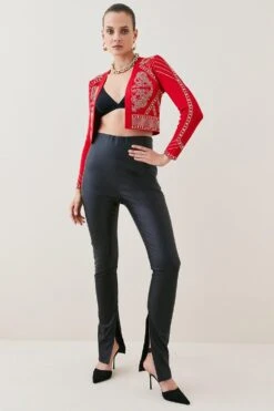 Karen Millen Baroque Hotfix Cropped Knit Jacket -Karen Millen Shop red baroque hotfix cropped knit jacket 3