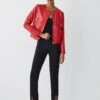 Karen Millen Leather Collarless Pocket Detail Jacket -Karen Millen Shop red leather collarless pocket detail jacket