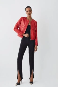Karen Millen Leather Collarless Pocket Detail Jacket