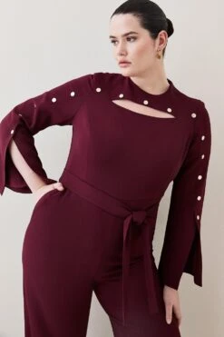 Karen Millen Plus Size Compact Viscose Stud Sleeve Wide Leg Jumpsuit -Karen Millen Shop red plus size compact viscose stud sleeve wide leg jumpsuit 1 1