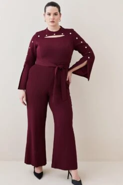 Karen Millen Plus Size Compact Viscose Stud Sleeve Wide Leg Jumpsuit -Karen Millen Shop red plus size compact viscose stud sleeve wide leg jumpsuit 1 2