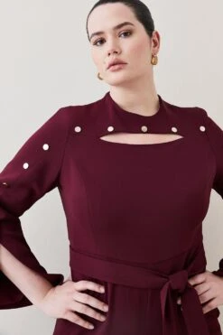 Karen Millen Plus Size Compact Viscose Stud Sleeve Wide Leg Jumpsuit -Karen Millen Shop red plus size compact viscose stud sleeve wide leg jumpsuit 1 3