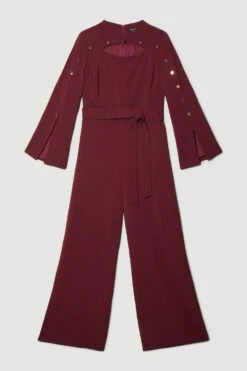 Karen Millen Plus Size Compact Viscose Stud Sleeve Wide Leg Jumpsuit -Karen Millen Shop red plus size compact viscose stud sleeve wide leg jumpsuit 1 4