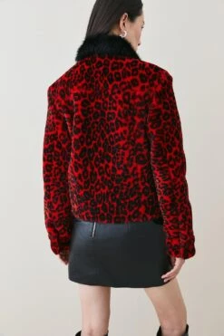 Karen Millen Shearling Leopard Print Vinyl Contrast Coat -Karen Millen Shop red shearling leopard print vinyl contrast coat 2