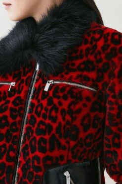 Karen Millen Shearling Leopard Print Vinyl Contrast Coat