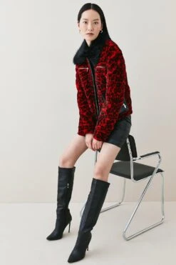 Karen Millen Shearling Leopard Print Vinyl Contrast Coat -Karen Millen Shop red shearling leopard print vinyl contrast coat 3