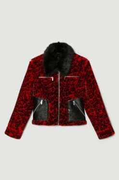 Karen Millen Shearling Leopard Print Vinyl Contrast Coat -Karen Millen Shop red shearling leopard print vinyl contrast coat 4