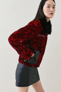 Karen Millen Shearling Leopard Print Vinyl Contrast Coat -Karen Millen Shop red shearling leopard print vinyl contrast coat 5