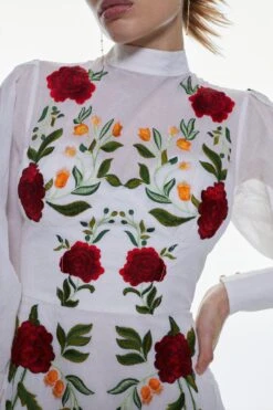 Karen Millen Tall Rose Embroidered Cotton Organdie Mini Dress -Karen Millen Shop red tall rose embroidered cotton organdie mini dress 1