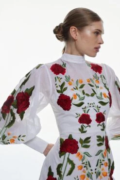 Karen Millen Tall Rose Embroidered Cotton Organdie Mini Dress -Karen Millen Shop red tall rose embroidered cotton organdie mini dress 3