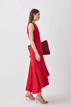 Karen Millen Tall Soft Tailored Sleeveless Full Skirt High Low Midi Dress -Karen Millen Shop red tall soft tailored sleeveless full skirt high low midi dress 1