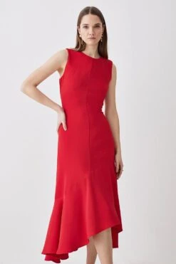 Karen Millen Tall Soft Tailored Sleeveless Full Skirt High Low Midi Dress -Karen Millen Shop red tall soft tailored sleeveless full skirt high low midi dress 2