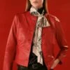 Karen Millen The Founder Leather Washed Button Through Collarless Jacket -Karen Millen Shop red the founder leather washed button through collarless jacket