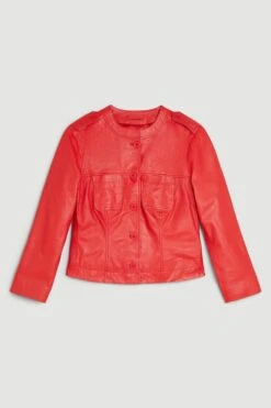 Karen Millen The Founder Leather Washed Button Through Collarless Jacket -Karen Millen Shop red the founder leather washed button through collarless jacket 1 2