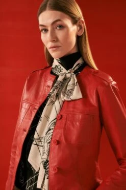 Karen Millen The Founder Leather Washed Button Through Collarless Jacket -Karen Millen Shop red the founder leather washed button through collarless jacket 1 4