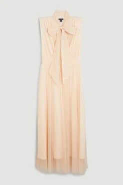 Karen Millen Lydia Millen Tall Mesh Sweeping Pussy Bow Woven Maxi Dress