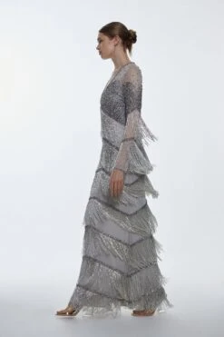 Karen Millen Petite Bodice Beaded And Embellished Fringed Maxi