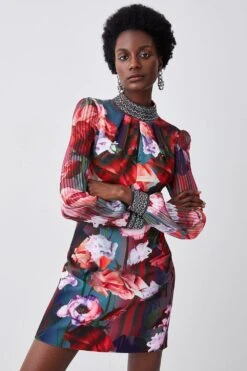 Karen Millen Tall Diamante Trim Floral Woven Mini Dress -Karen Millen Shop tall diamante trim floral woven mini dress 4