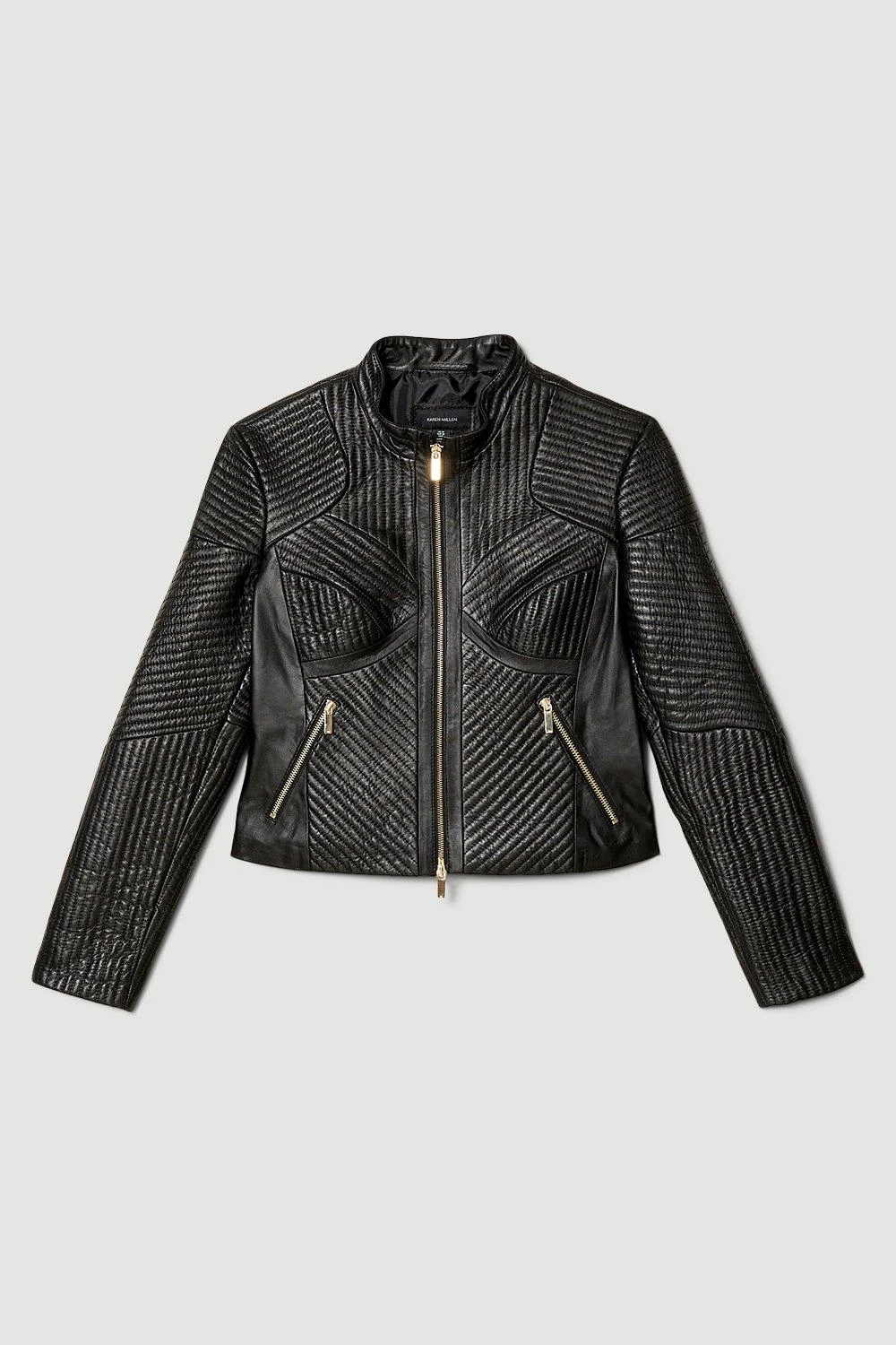 Karen Millen Leather Multi Stitched Collarless Fitted Jacket 4 Karen Millen Leather Multi Stitched Collarless Fitted Jacket - Image 2