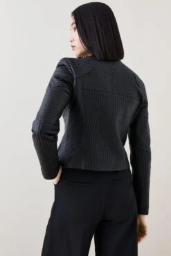 Karen Millen Leather Multi Stitched Collarless Fitted Jacket