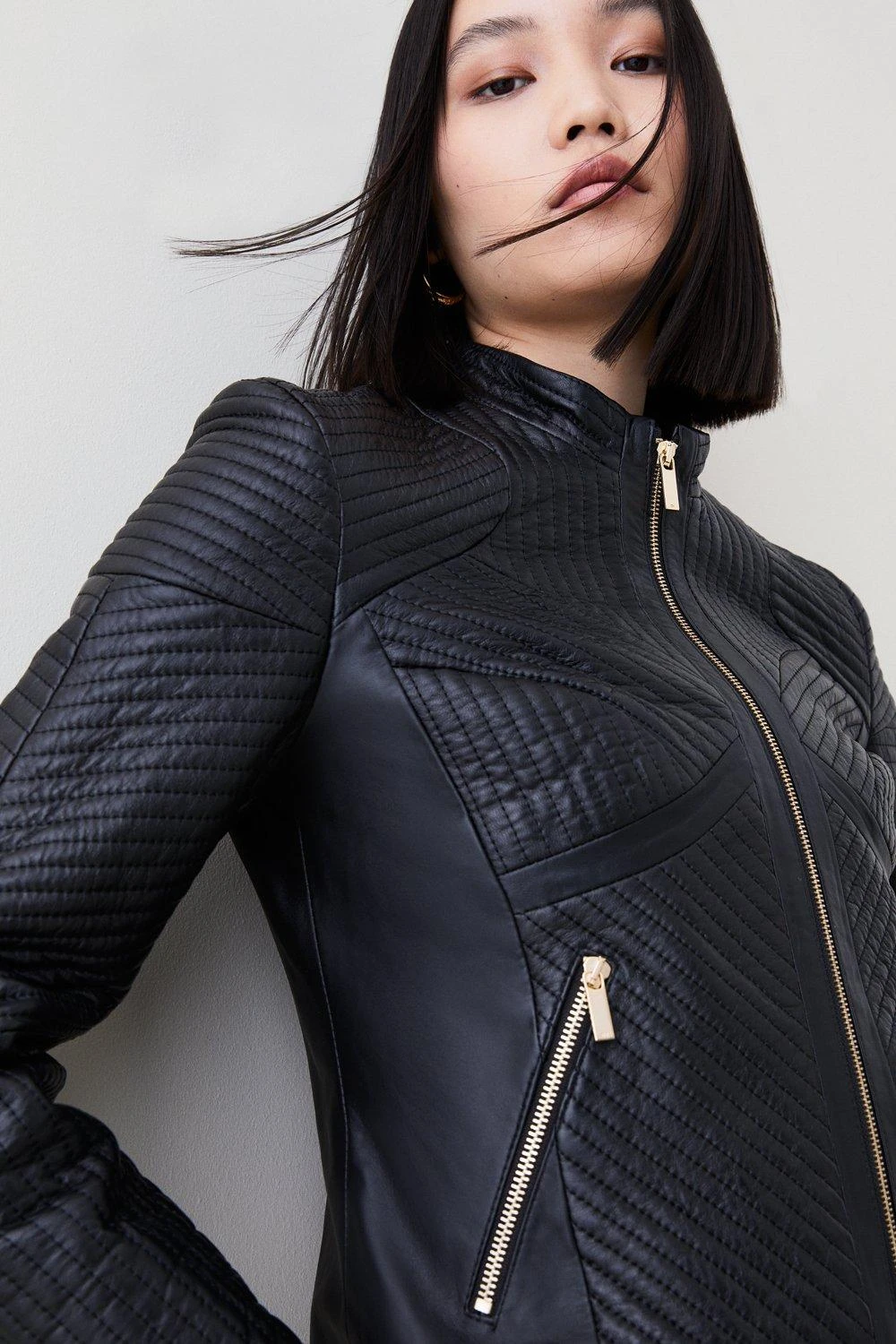 Karen Millen Leather Multi Stitched Collarless Fitted Jacket 6 Karen Millen Leather Multi Stitched Collarless Fitted Jacket - Image 4