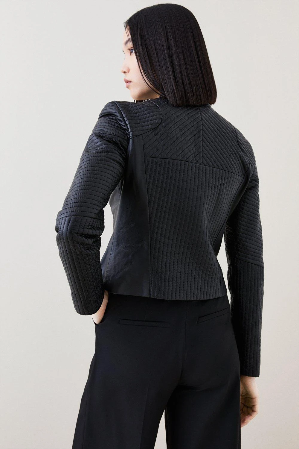 Karen Millen Leather Multi Stitched Collarless Fitted Jacket 3 Karen Millen Leather Multi Stitched Collarless Fitted Jacket