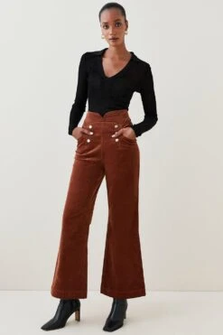 Karen Millen Mid Rise Kickflare Button Detail Cord Jeans