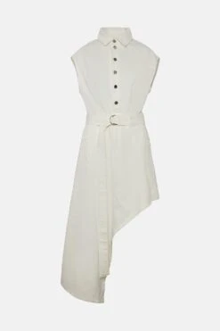 Front Page -Karen Millen Shop white denim asymmetric hem midi shirt dress 1 1