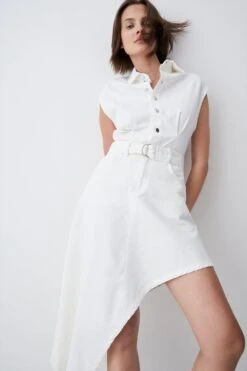 Karen Millen Denim Asymmetric Hem Midi Shirt Dress -Karen Millen Shop white denim asymmetric hem midi shirt dress 1 2