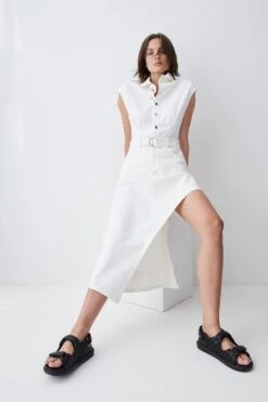 Karen Millen Denim Asymmetric Hem Midi Shirt Dress -Karen Millen Shop white denim asymmetric hem midi shirt dress 1 4